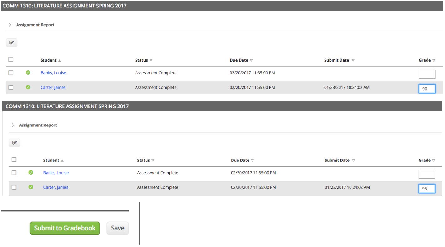 The assignment report showing two tables with student rows and grade fields. First table showing grade 90 entered for the second student. Second table showing grade 95 entered for the second student. Submit to Gradebook button and Save button appearing below.