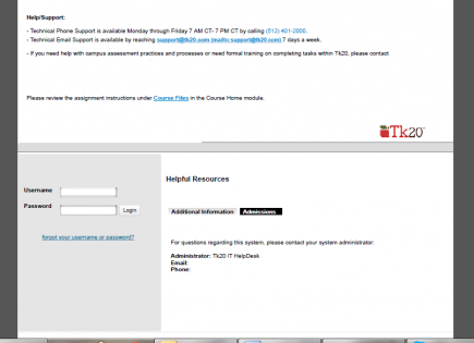 The login section showing fields for Username and Password with links for Forgot your username or password. Right side showing Helpful Resources with a tab for Additional Information and an Admissions tag. Support details appearing above.