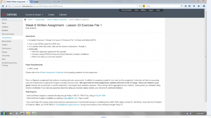 The assignment page showing Week 6 Written Assignment with instructions, requirements, and support details. Left navigation showing links such as Home, Assignments, and Grades.