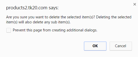 A confirmation dialog box showing a message asking whether to delete the selected items, indicating that deleting them will also remove any sub‑items. The dialog includes a checkbox to prevent additional dialogs and OK and Cancel buttons.