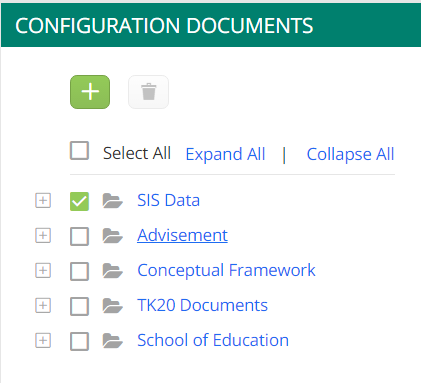 A Configuration Documents section showing options to add or delete items, with controls for Select All, Expand All, and Collapse All. The document list shows folders for SIS Data, Advisement, Conceptual Framework, TK20 Documents, and School of Education, with the SIS Data folder highlighted as selected.