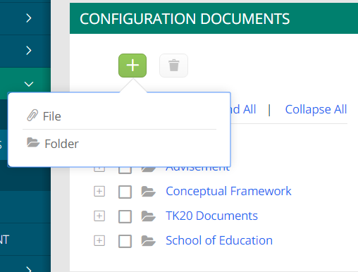 A Configuration Documents section showing an add menu opened from the plus button, displaying options to create a new File or a new Folder. The document list beneath the menu includes folders for Advisement, Conceptual Framework, TK20 Documents, and School of Education.