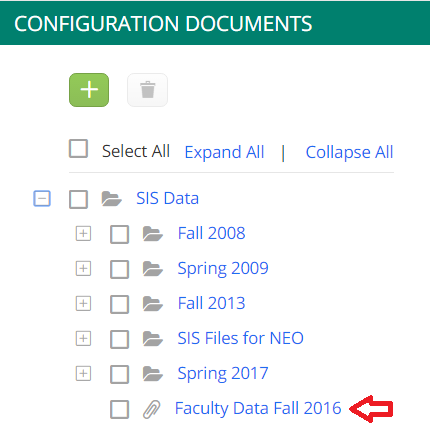 A Configuration Documents section showing a folder structure expanded under SIS Data, including Fall 2008, Spring 2009, Fall 2013, SIS Files for NEO, and Spring 2017. A file named ‘Faculty Data Fall 2016’ is highlighted with an indicator.
