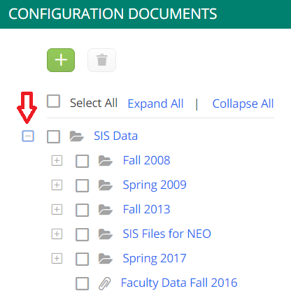 A Configuration Documents section showing the SIS Data folder expanded with subfolders including Fall 2008, Spring 2009, Fall 2013, SIS Files for NEO, Spring 2017, and the file Faculty Data Fall 2016. The SIS Data folder is shown with a collapse icon highlighted with an indicator.