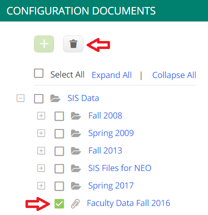 A Configuration Documents section showing options to add or delete items, with the delete button highlighted by an indicator. The SIS Data folder is expanded to show subfolders including Fall 2008, Spring 2009, Fall 2013, SIS Files for NEO, and Spring 2017. The file ‘Faculty Data Fall 2016’ is highlighted as selected.