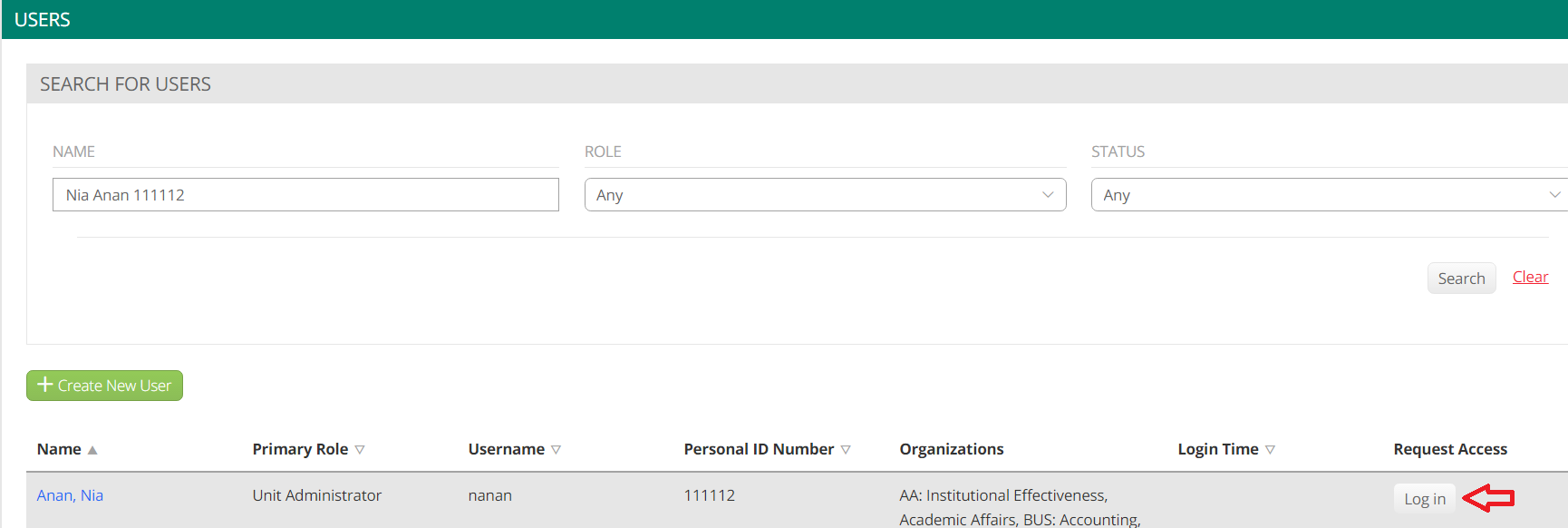 A Users page showing search fields for name, role, and status with options to search or clear the filters. The results table lists one user with columns for name, primary role, username, personal ID number, organizations, and login time, along with a highlighted Log in link in the Request Access column.