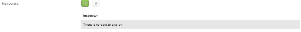 An Instructors page showing an Instructor section with Add and Delete buttons at the top, and an empty table below displaying the message 'There is no data to display'.