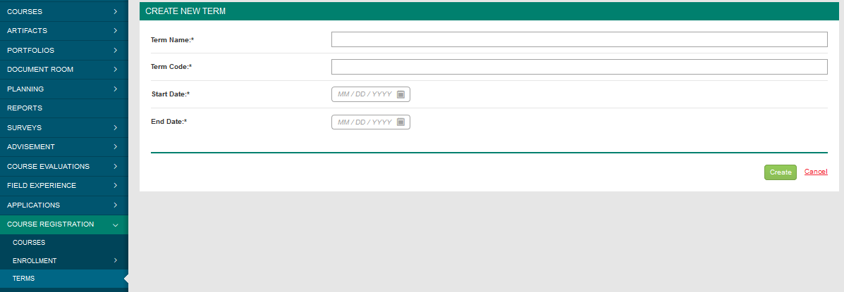 A Create New Term page showing fields for entering the term name, term code, start date, and end date, each marked as required, with Create and Cancel buttons displayed at the bottom right.