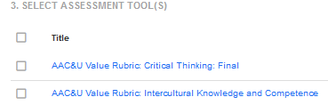 The Select Assessment Tool(s) section showing a checkbox column and Title column. Two assessment tools appear as linked titles, each with an unchecked checkbox beside it.