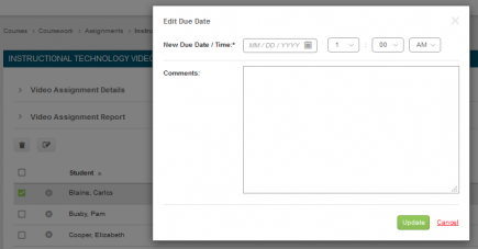 An Edit Due Date panel showing fields for selecting a new due date and time, along with a comments text area and Update and Cancel buttons.
