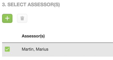 An assessor selection page showing a list of assessors with a selected option labeled Martin, Marius.