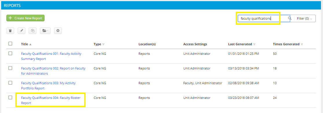The Reports page showing a search field with the text 'faculty qualifications' entered and a list of matching reports displayed below. The Faculty Qualifications 004: Faculty Roster Report highlighted in the results list.