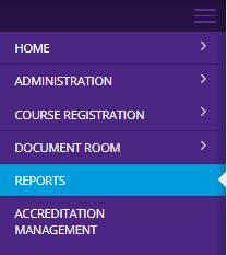 The navigation menu showing sections for Home, Administration, Course Registration, Document Room, Reports highlighted, and Accreditation Management.