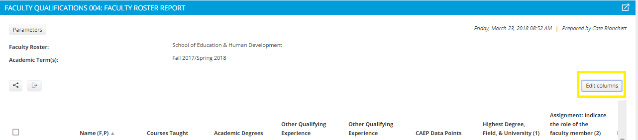 The Faculty Qualifications 004: Faculty Roster Report page showing selected faculty roster and academic terms at the top. A table of roster columns appears below, with the Edit columns button highlighted on the right.