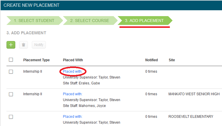 The Add Placement step showing a list of placement entries with placement types, placement assignments, notification counts, and associated sites.