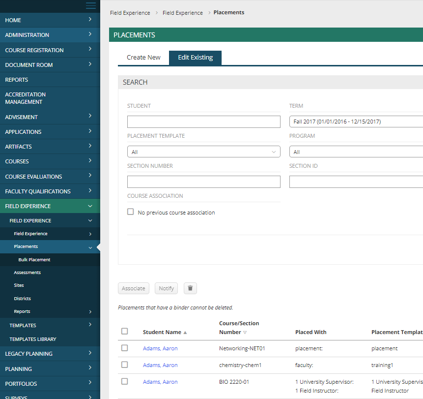 The Placements page showing search filters for student, term, template, program, and course details, with a results table listing existing placements.