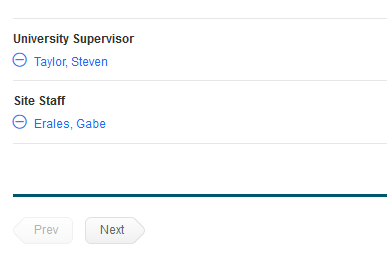 The placement details section showing assigned university supervisor and site staff for the selected placement.