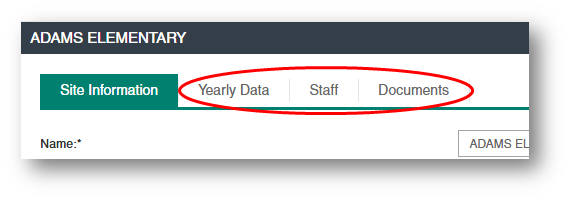 The site detail page showing tabs for Yearly Data, Staff, and Documents highlighted next to the Site Information tab.