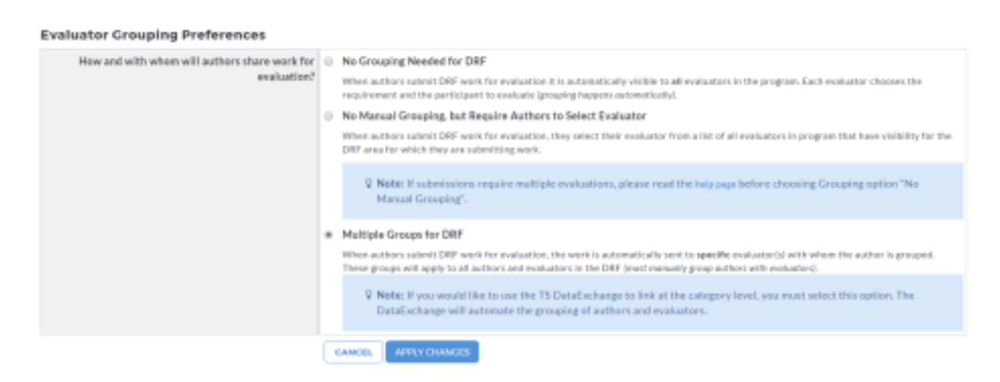 The Evaluator Grouping Preferences section showing three options: No Grouping Needed for DRF, No Manual Grouping but Require Authors to Select Evaluator, and Multiple Groups for DRF. The Cancel and Apply Changes buttons showing below the options.