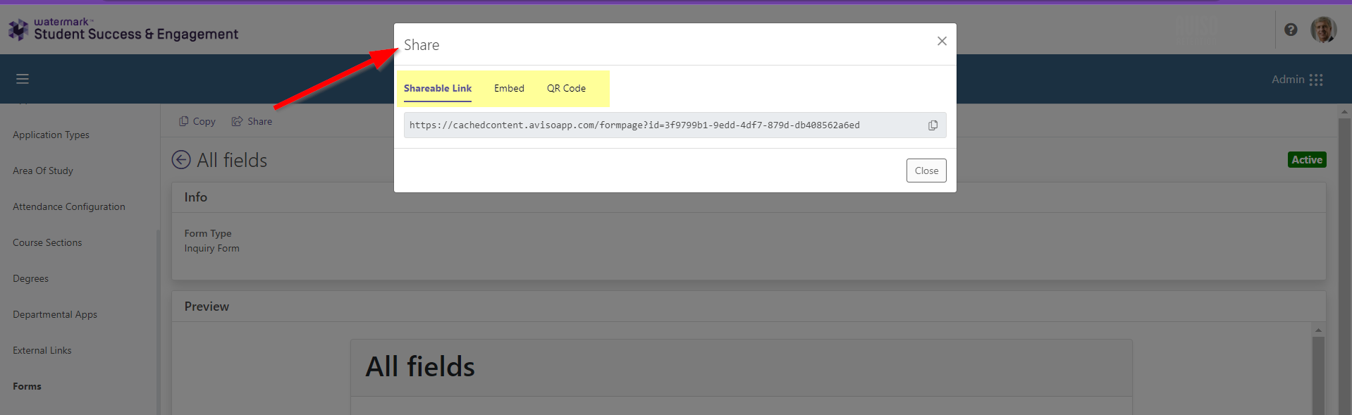 The form page showing the Share modal open with the Shareable Link tab selected and the generated URL displayed. An arrow points to the Share title at the top of the modal.
