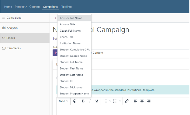The New Email Campaign page showing a dropdown list of merge fields such as advisor name, coach name, institution name, and various student information options for inserting into the email content.