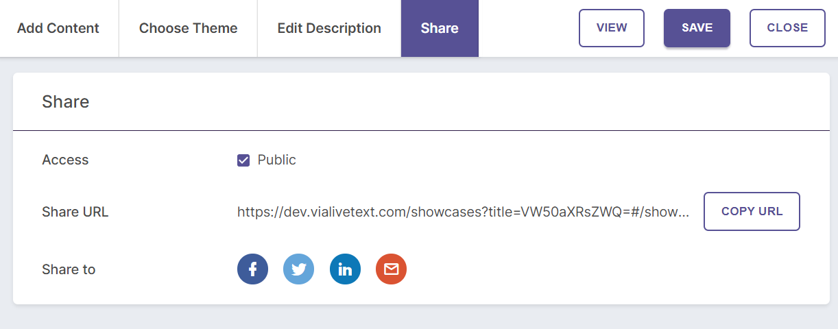 A screenshot showing the Share tab in an ePortfolio. The Public checkbox and the Share URL are highlighted. Icons for sharing to Facebook, Twitter, LinkedIn, and Gmail are also visible.