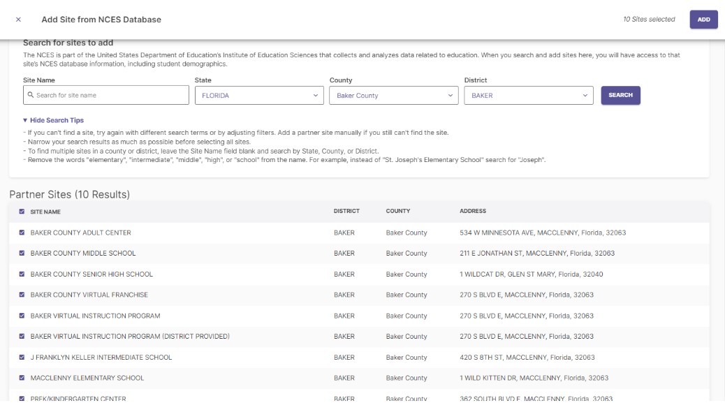 An example search filtered by a specific district, showing a list of schools within that district.
