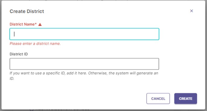 The 'Create District Manually' pop-up with fields for District Name and District ID.