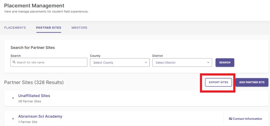 The 'EXPORT SITES' button is highlighted in the top right of the Partner Sites tab.