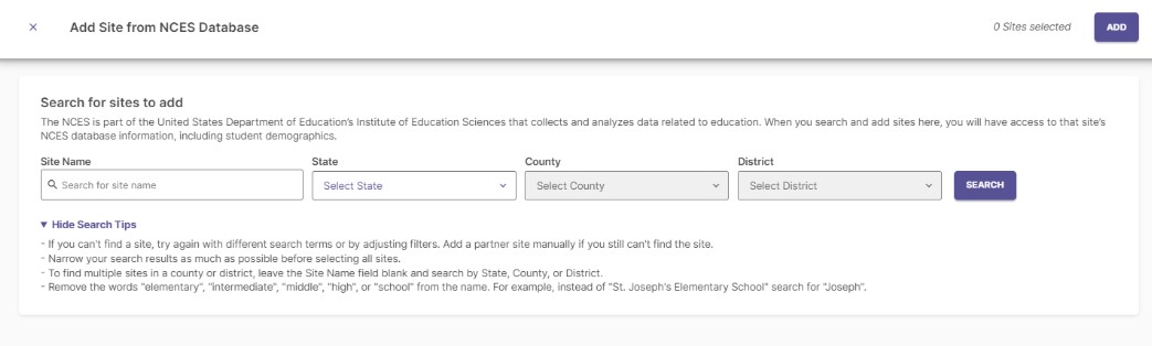 The 'Add from NCES Database' search interface with filters for State, County, District, and Site Name.