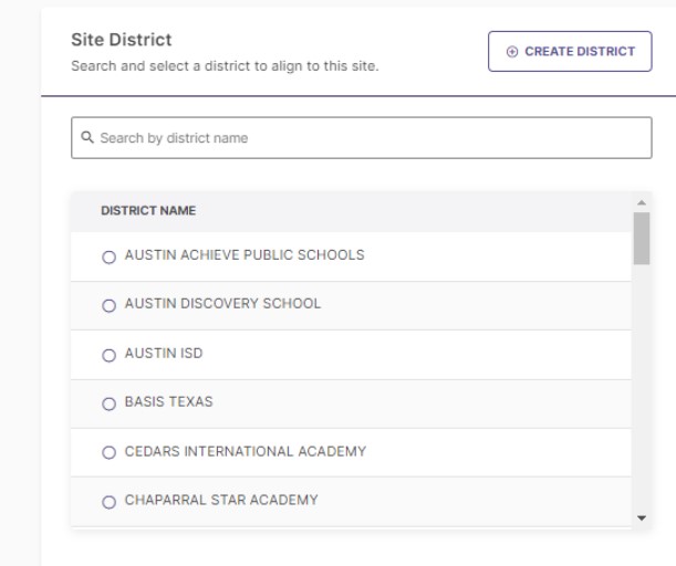 A dropdown menu showing suggested districts to associate with the new site.