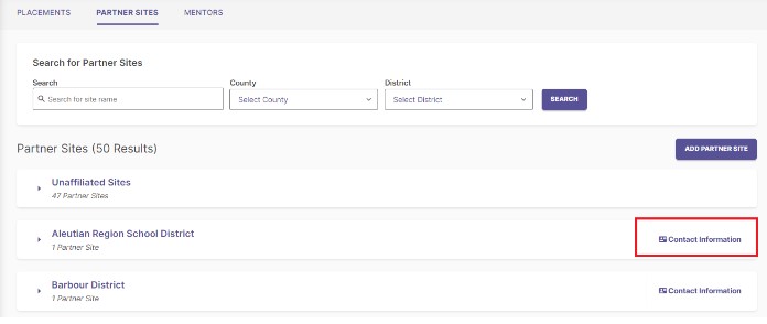 A list of district contacts is shown in a flyout panel with an 'Add New Contact' button.
