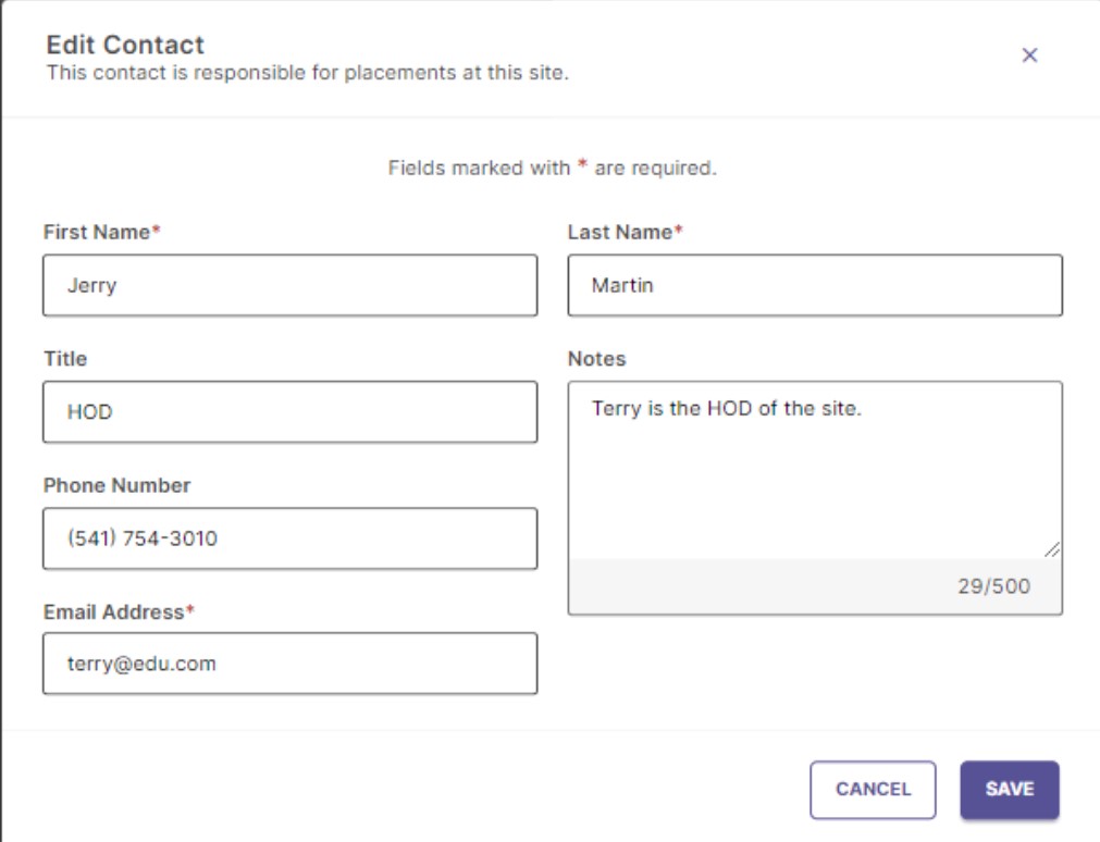The contact information flyout for a specific site, showing options to edit or delete existing contacts or add a new one.