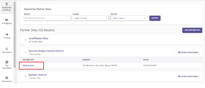 The Site Details page, showing information about a specific partner site.
