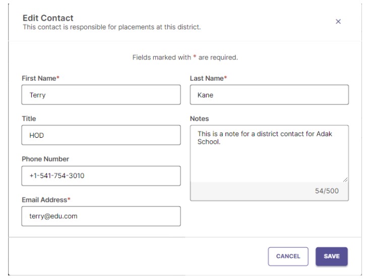 Close-up of the 'Add/Edit Contact' modal with required fields for first name, last name, and email.
