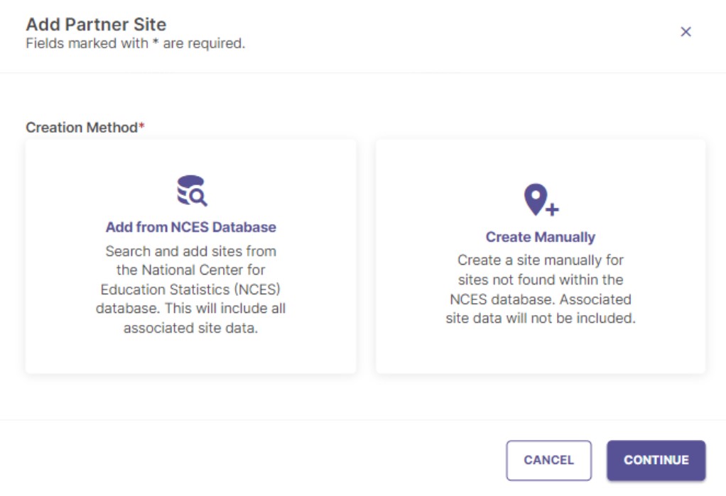 The 'Add Partner Site' modal showing two options: 'Add from NCES Database' and 'Add Partner Site Manually'.