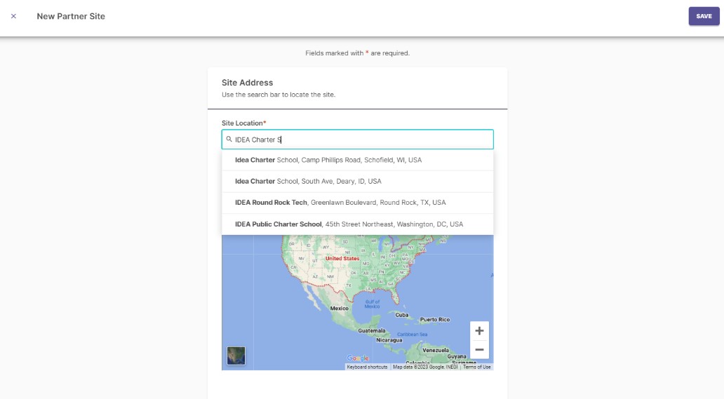 The interface for manually adding a partner site by searching for its name or address.