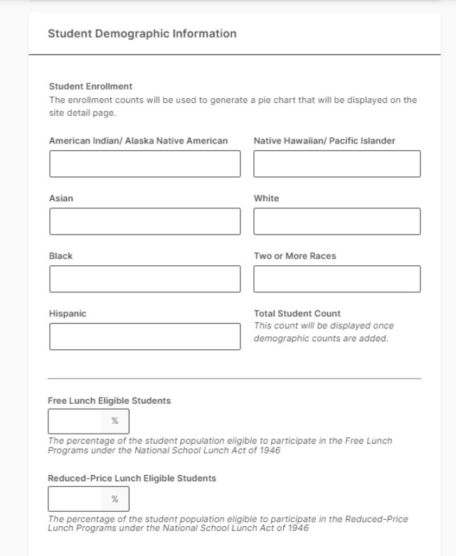 Fields for entering student demographic data, including ethnicity and free/reduced lunch percentage.
