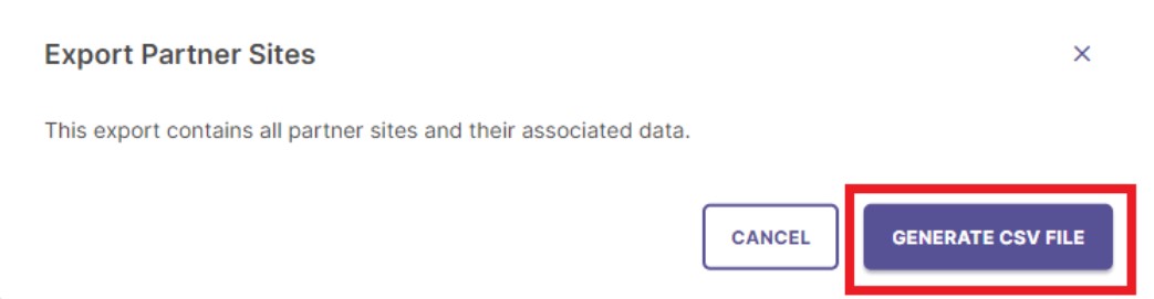 The 'Export Sites' modal with a 'GENERATE CSV FILE' button.