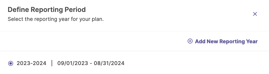 The Define Reporting Period section showing the selected reporting year, and its date range. Add New Reporting Year option is located on the right.