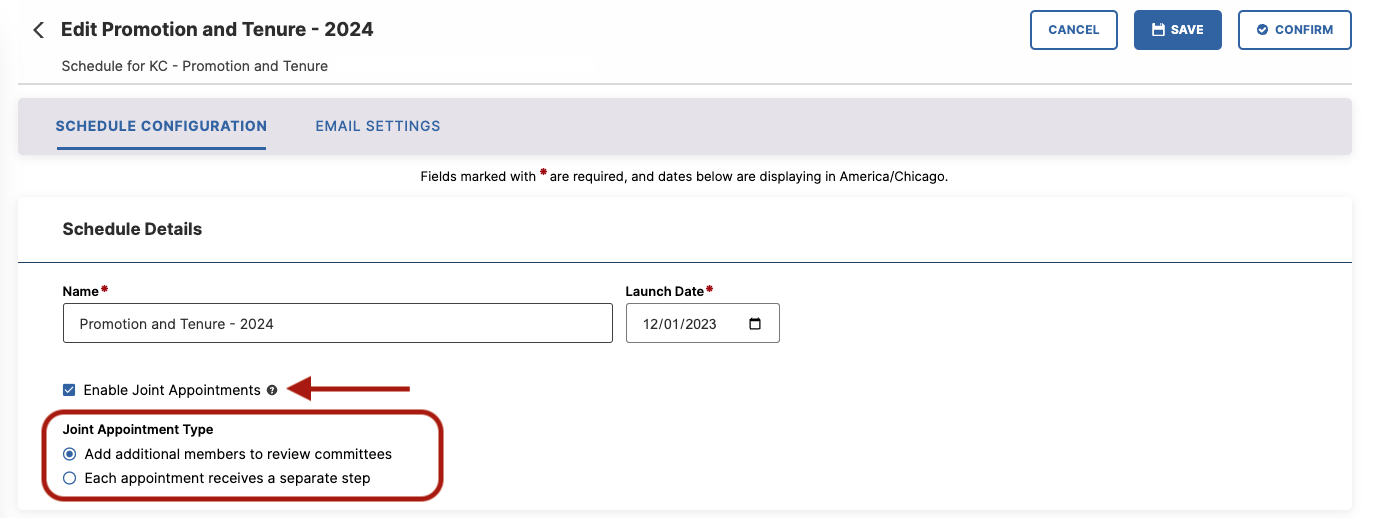 The Edit Promotion and Tenure page showing Schedule Configuration tab active with fields for Name and Launch Date. The Schedule Details section showing an Enable Joint Appointments checkbox highlighted by an arrow and a Joint Appointment Type section displaying radio options for adding additional members to review committees and giving each appointment a separate step. Save, Cancel, and Confirm buttons showing at the top right.