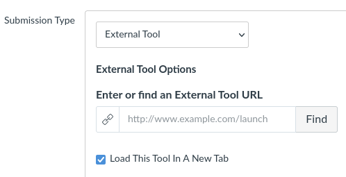 The Submission type section showing external tool selected. External tool options include field labeled enter or find an external tool URL with a URL box and find button. A checkbox below is selected for load this tool in a new tab.