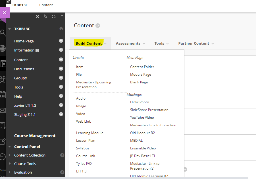 The Content page showing left navigation and the Build Content menu displays main sections for Create, New Page, and Mashups.