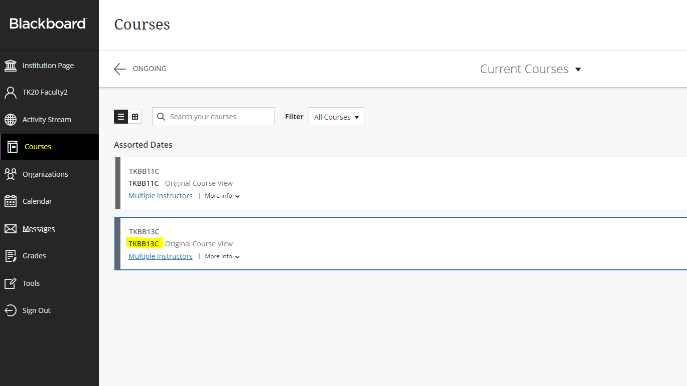 The Blackboard Courses page showing left navigation menu and Ongoing filter, with search field, All Courses filter, and course list displaying assorted dates section with TKB811C and TKB813C entries, each showing Original Course View, Multiple Instructors link, and More info menu.