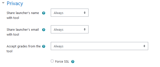 The 'Privacy' settings for sharing the launcher's name, email, and accepting grades.