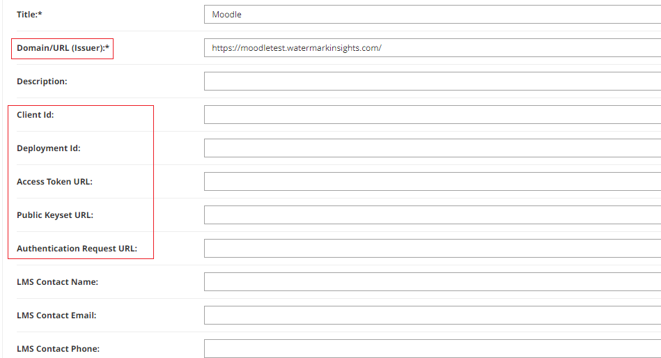 The Tool configuration form showing highlighted fields: Domain/URL (Issuer), Client ID, Deployment ID, Access Token URL, Public Keyset URL, and Authentication Request URL.
