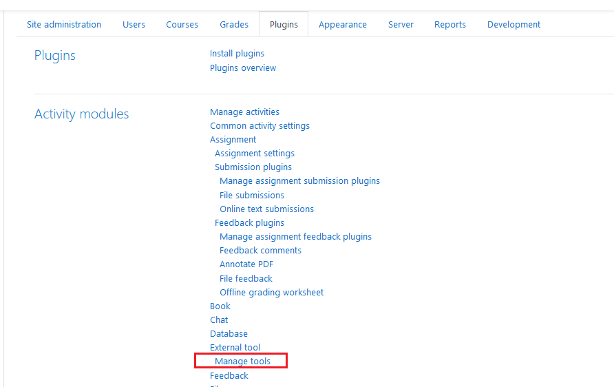 The Moodle dashboard showing the 'Plugins' tab, with the 'Manage tools' option highlighted under the 'Activity modules' section.