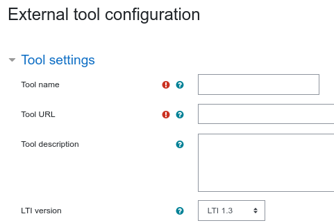 The 'External tool configuration' section showing the settings for the external tool with fields for tool name, URL, description, and LTI version (set to LTI 1.3).