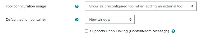The tool settings section showing 'Tool Configuration Usage' option and 'Default launch container' field.