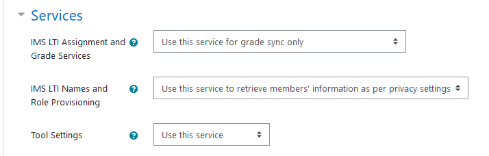 The settings for 'Services' section showing 'IMS LTI Assignment and Grade Services,' 'IMS LTI Names and Role Provisioning,' and 'Tool Settings' fields.